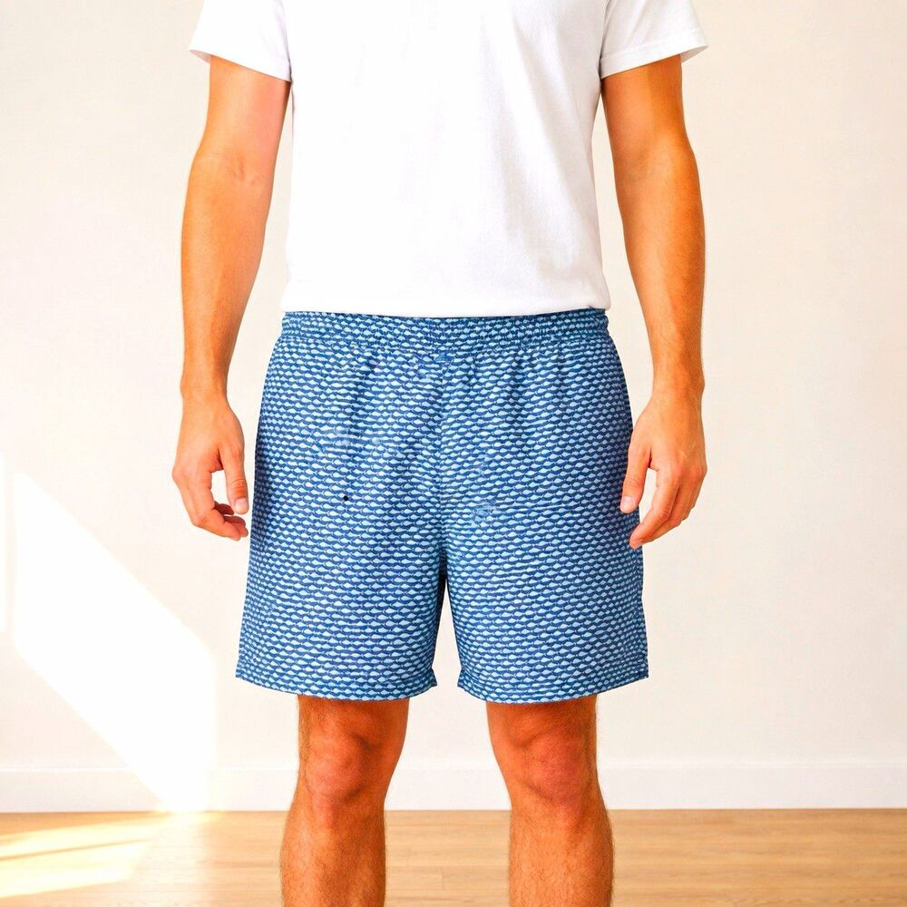 Columbia PFG Men’s Blue Fish Print Swim Trunks M Elastic Waist Mesh Lined